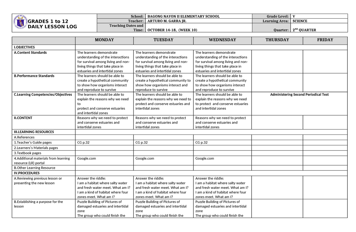 DLL Science 5 Q2 W10 - DLL - GRADES 1 to 12 DAILY LESSON LOG School ...