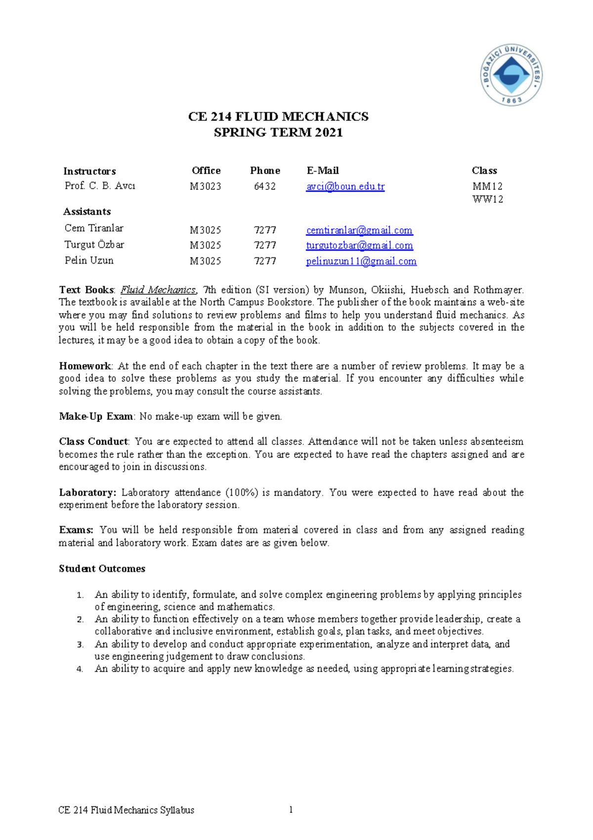 Fluid Mechanics Ce 214 Course Curriculum - BOUN - Studocu