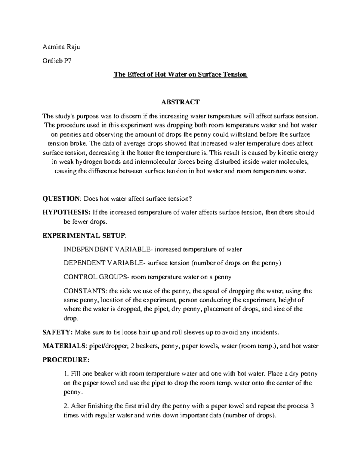 Surface tension lab report - Aamina Raju Ortlieb P The Effect of Hot ...