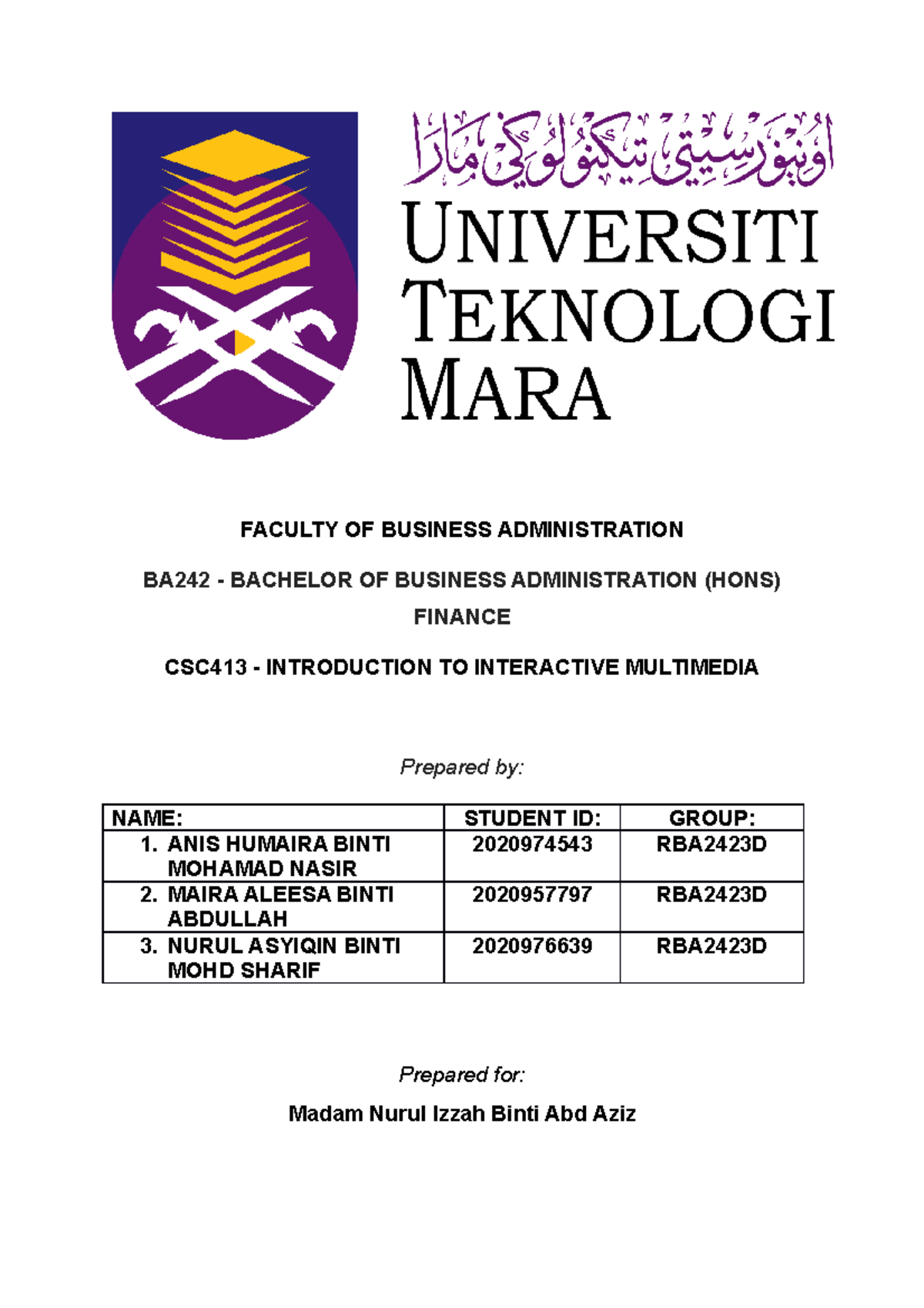 CSC413 Project - FACULTY OF BUSINESS ADMINISTRATION BA242 - BACHELOR OF ...