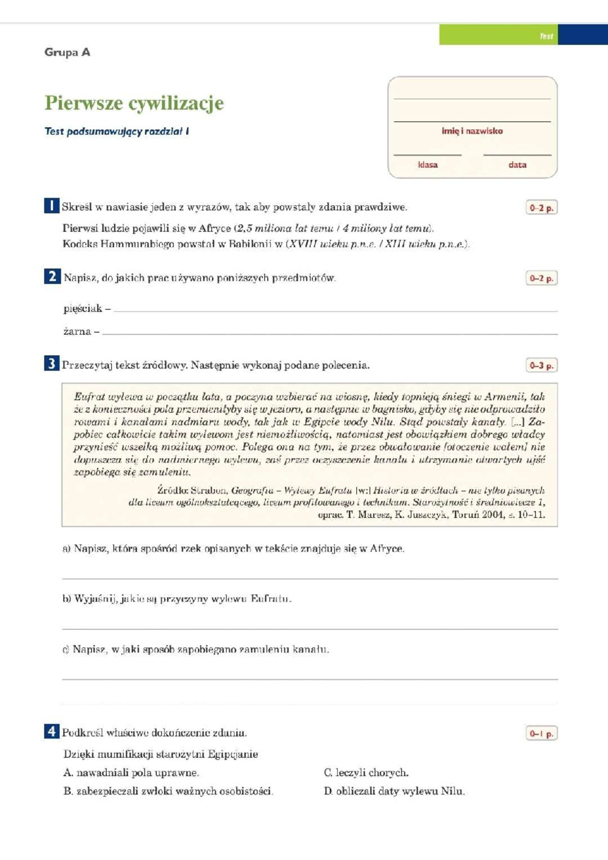 Historia I cyw kl V - Test Grupa A Pierwsze cywilizacje Test ...