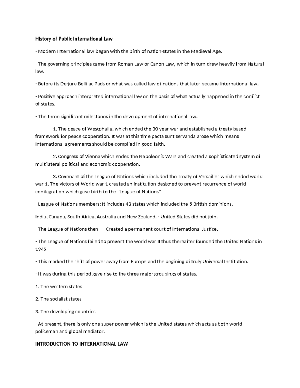 International Law - Notes - History of Public International Law Modern ...