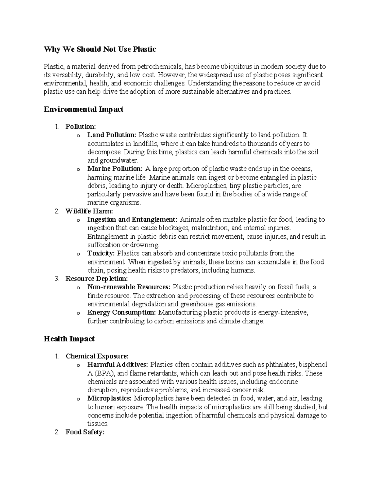 Final Essay on the Environmental and Health Impacts of Plastic - Why We ...
