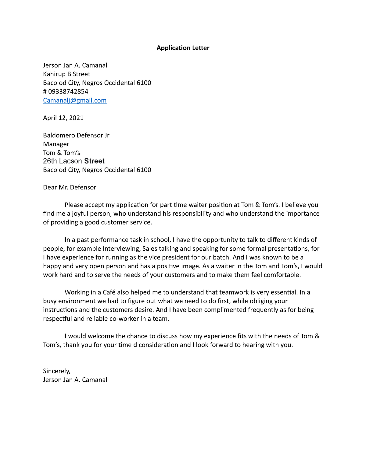 Application Letter Example - Application Letter Jerson Jan A. Camanal ...