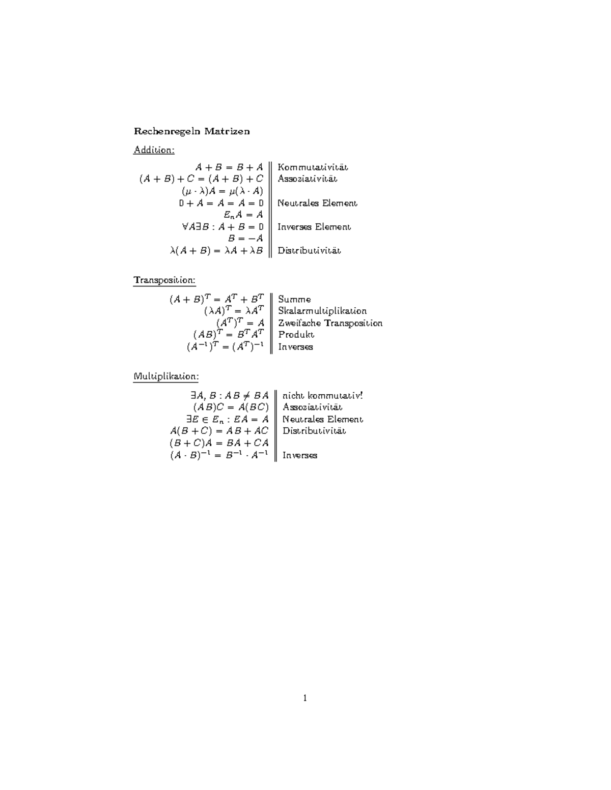 05 - LectureNotes_05 - Rechenregeln Matrizen Addition: A + B = B + A ...