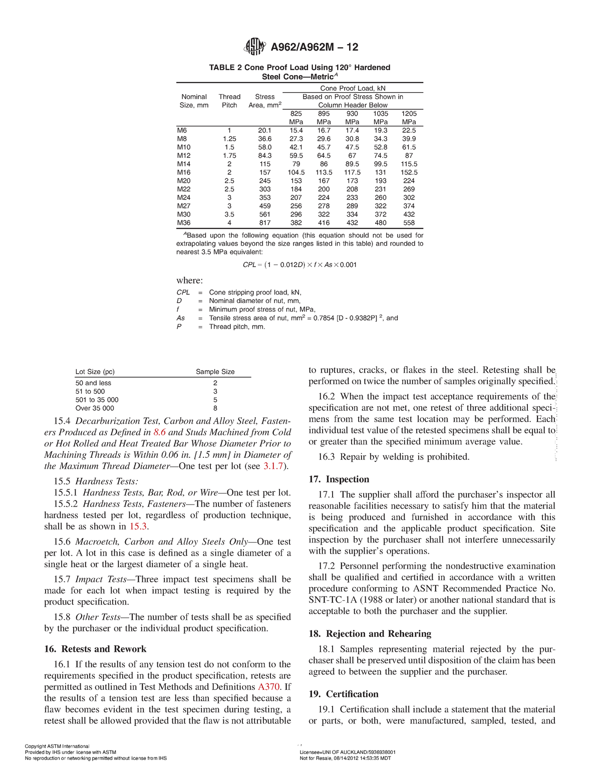 ASTM A962 A 962M 12 (1)-007 - Lot Size (pc) Sample Size 50 and less 2 ...