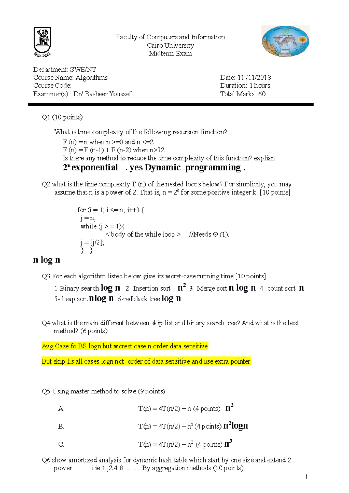 Algorithms mid term 2018-2019-sp - Faculty of Computers and Information ...