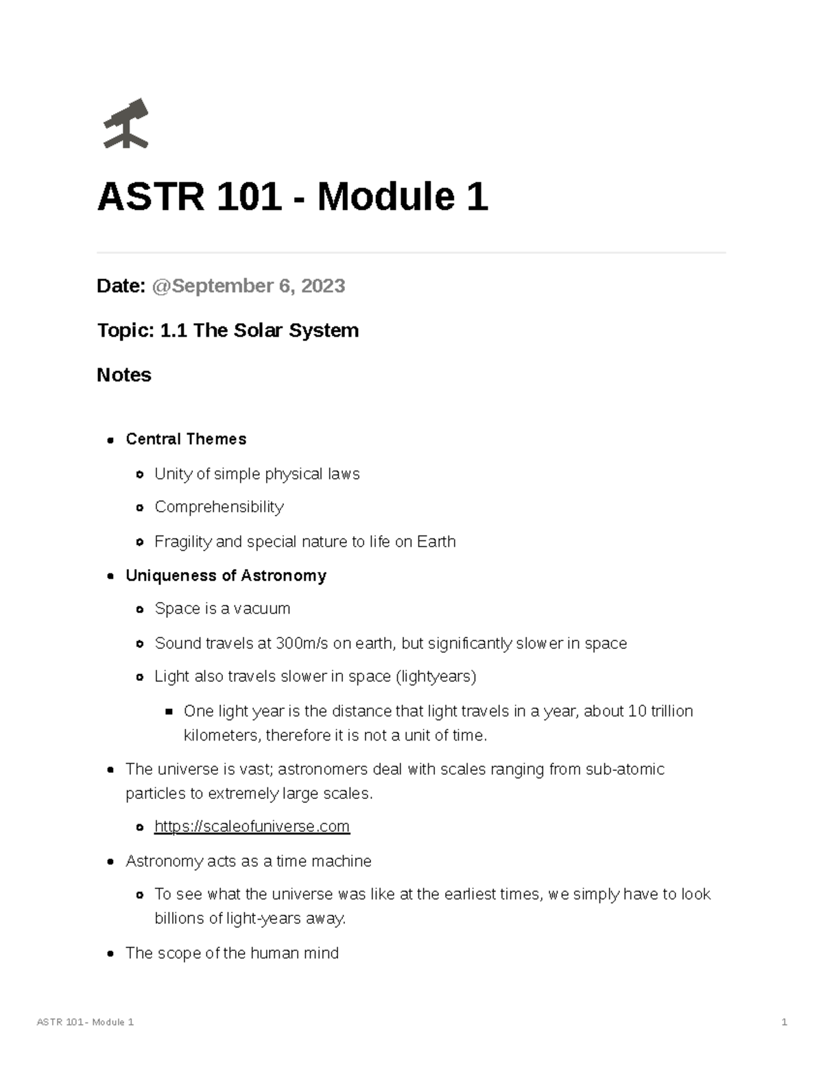 Class Notes ASTR 101 23 Astronomy I Solar System F23 20230906 - ASTR ...