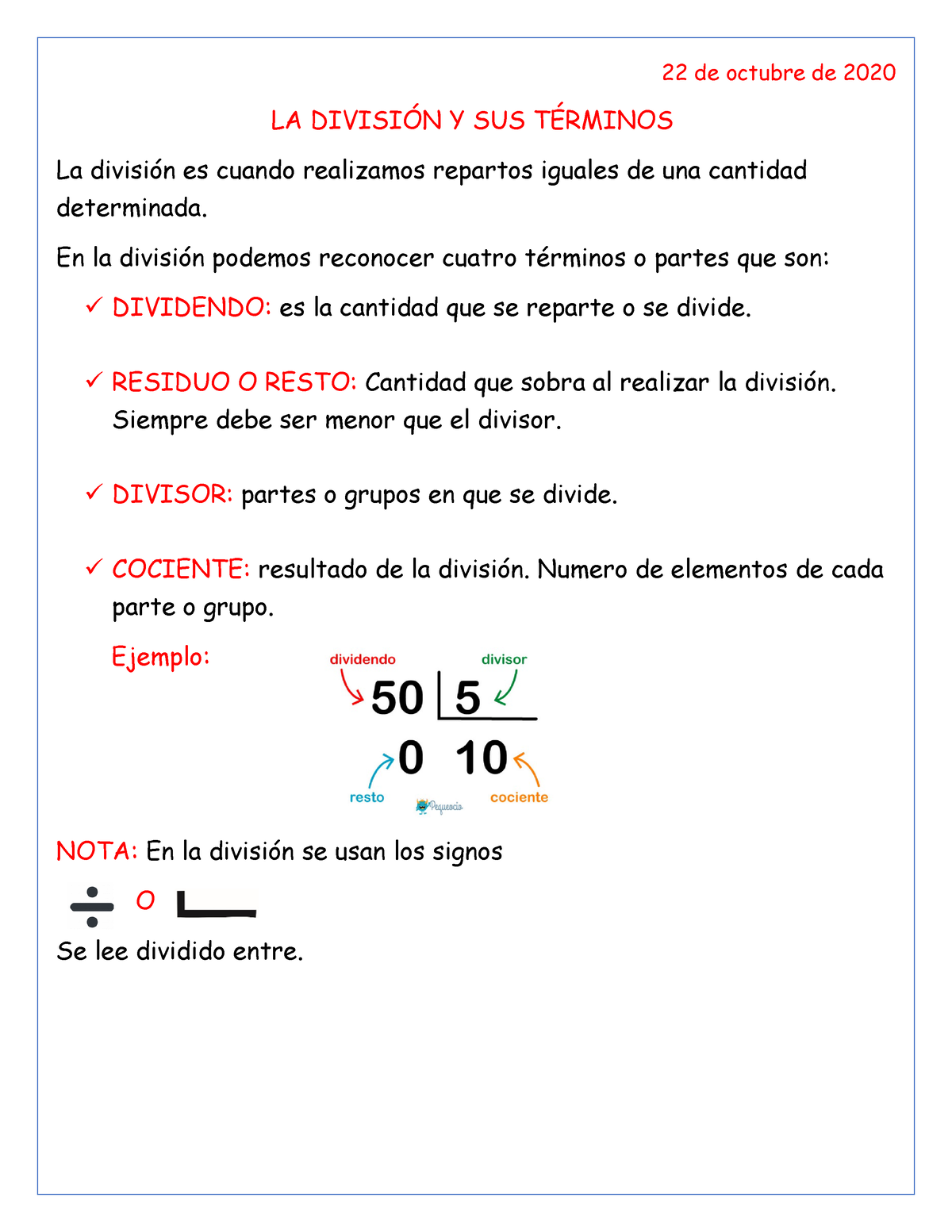 La Division 3° NiÑos 22 De Octubre De 2020 La DivisiÓn Y Sus TÉrminos La División Es Cuando 8191