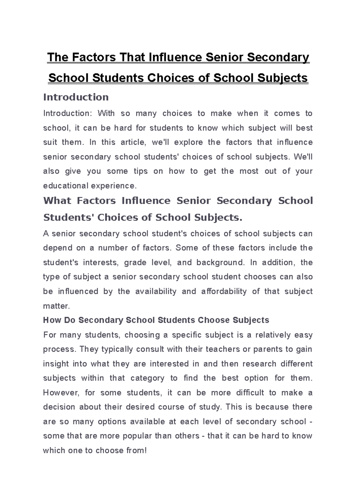 The Factors That Influence Senior Secondary School Students Choices of ...