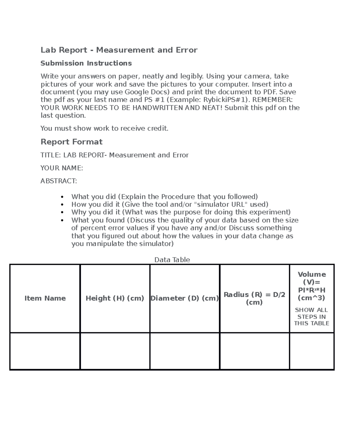 Measurement and Error Lab - Lab Report - Measurement and Error ...