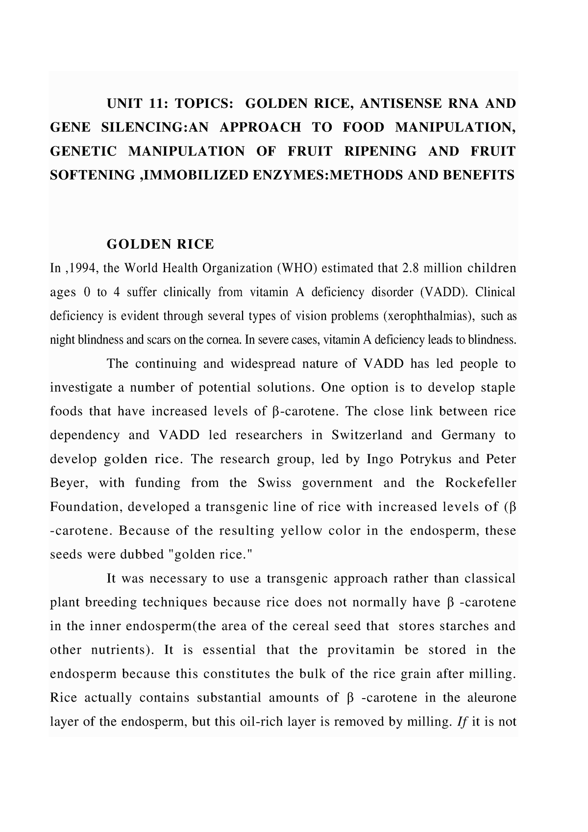 Golden RICE - UNIT 11: TOPICS: GOLDEN RICE, ANTISENSE RNA AND GENE ...