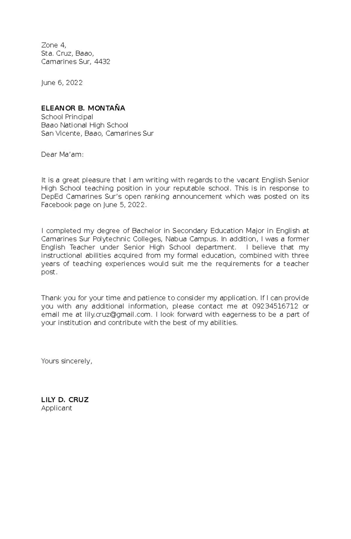 Sample Template Cover Letter - Zone 4, Sta. Cruz, Baao, Camarines Sur ...