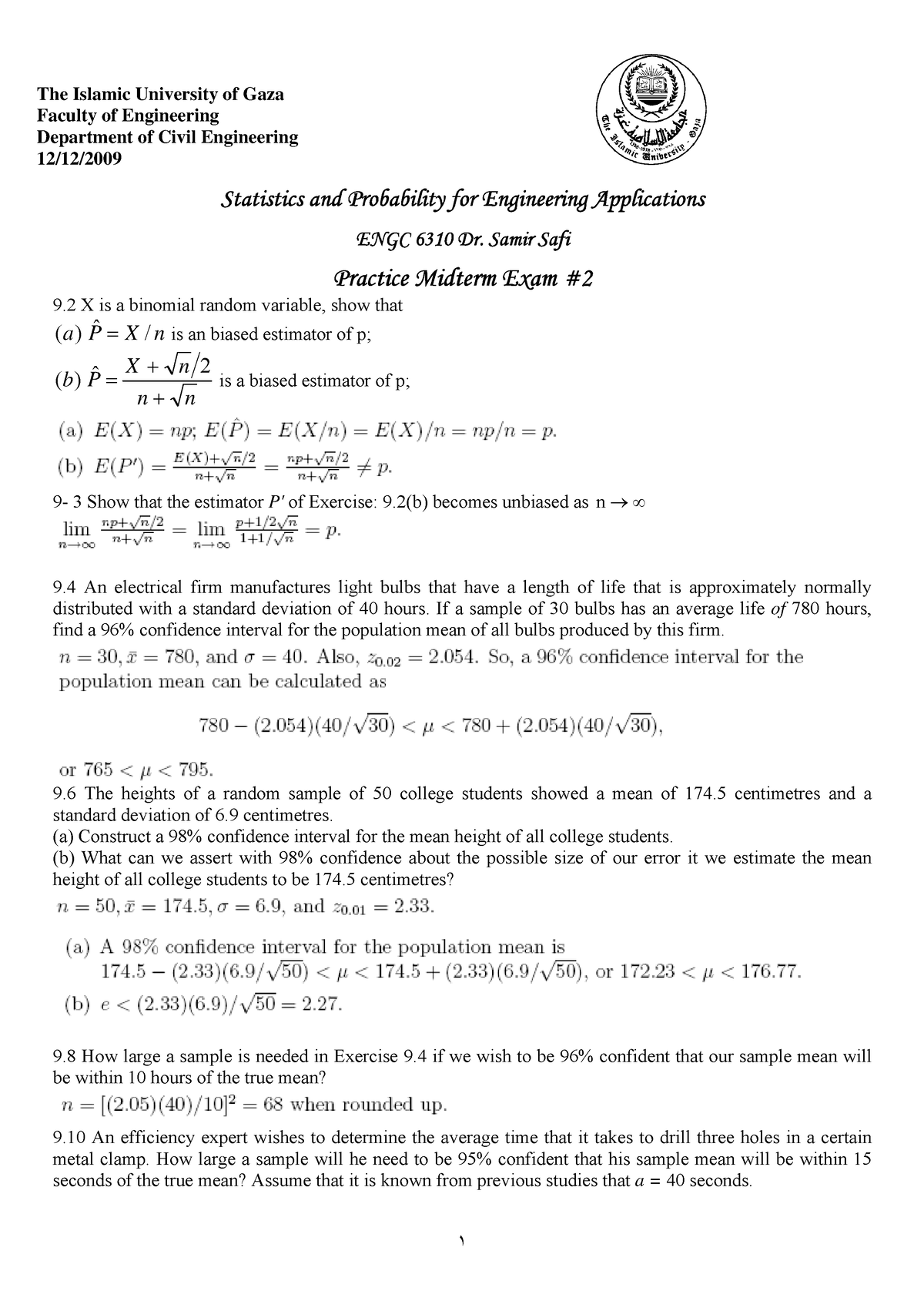 Practice Problems 2 Solutions G Statistics And Probability For 