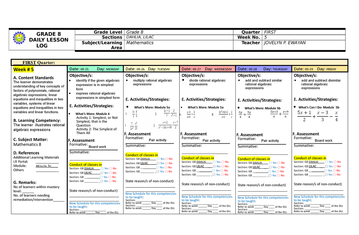 Daily Lesson Log - GRADE 8 DAILY LESSON LOG Grade Level Grade 8 Quarter ...