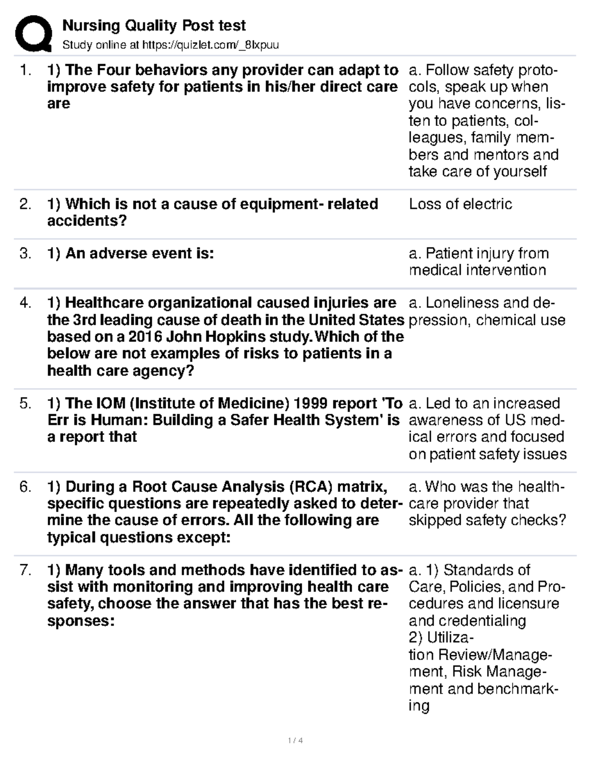 3 Nursing Quality and Safety Post Test Study online at quizlet