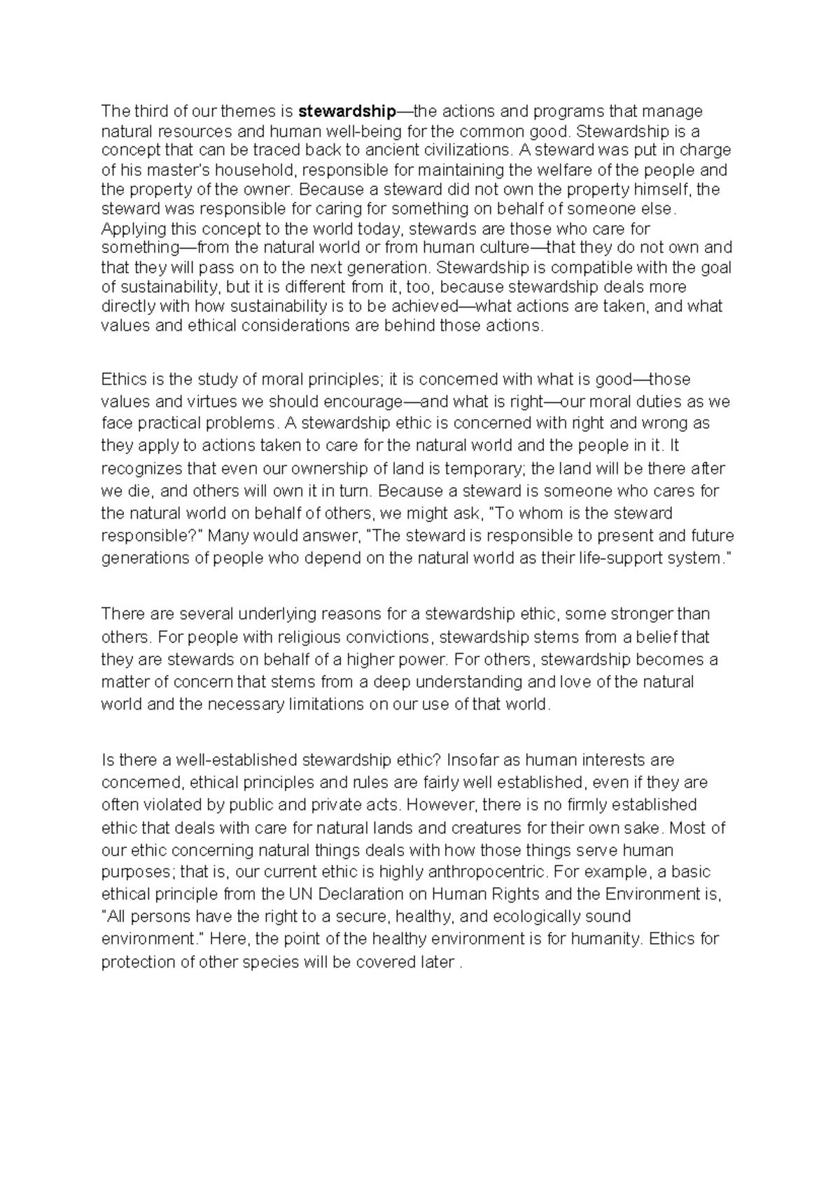 Stewards - Lecture notes 5 - The third of our themes is stewardship ...