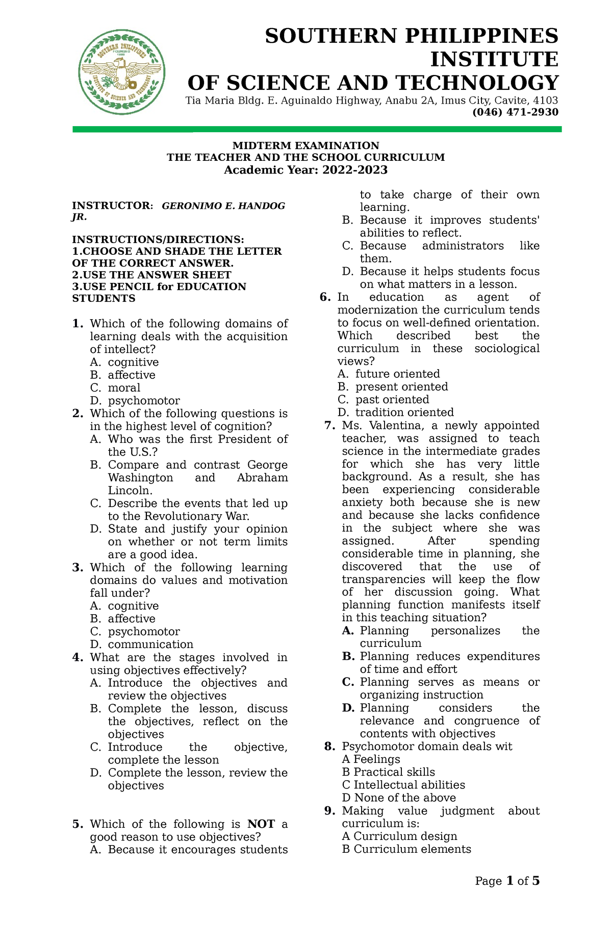 The Teacher And The School Curriculum Midterm Examination - MIDTERM ...