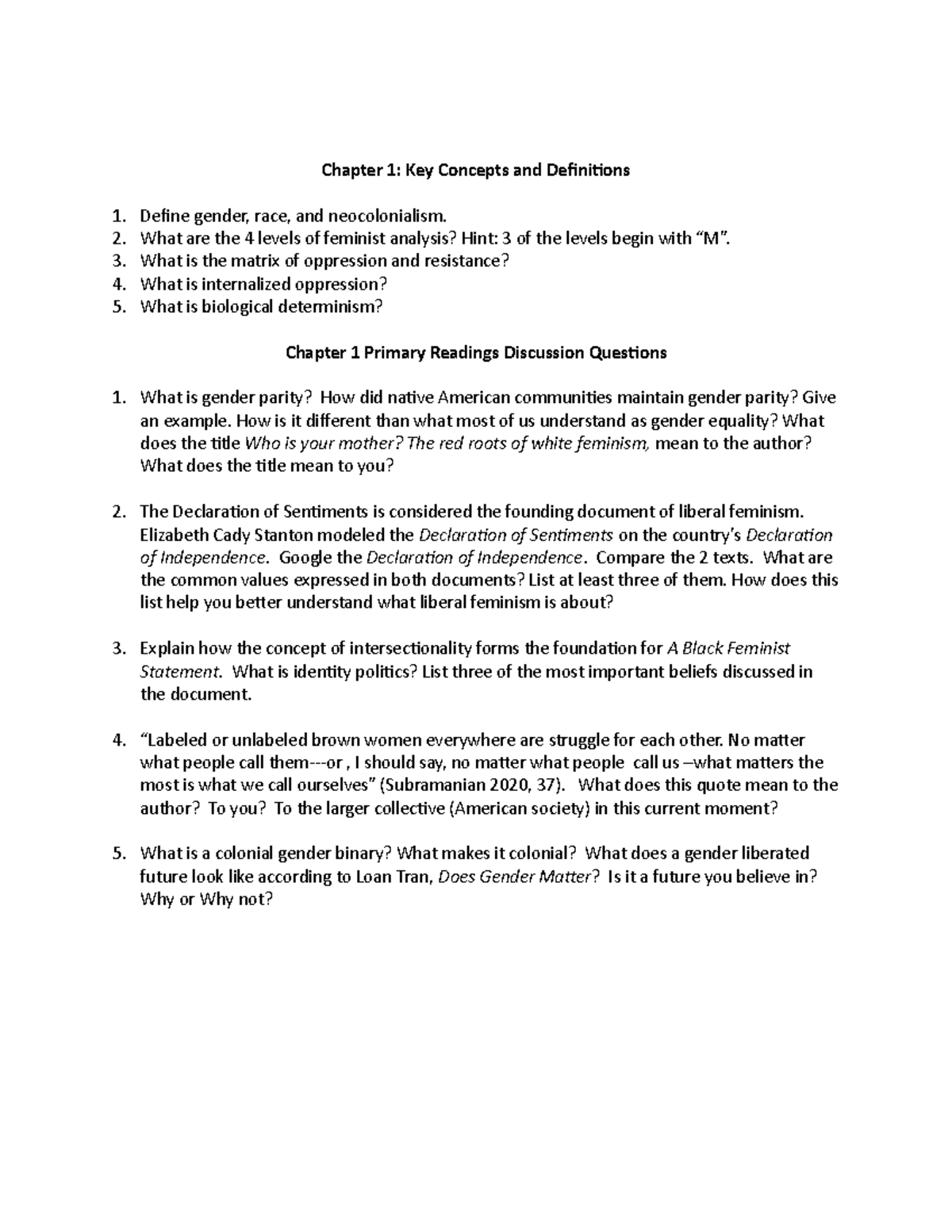 Chapter 1 Readings Questions Chapter 1 Key Concepts and Definitions