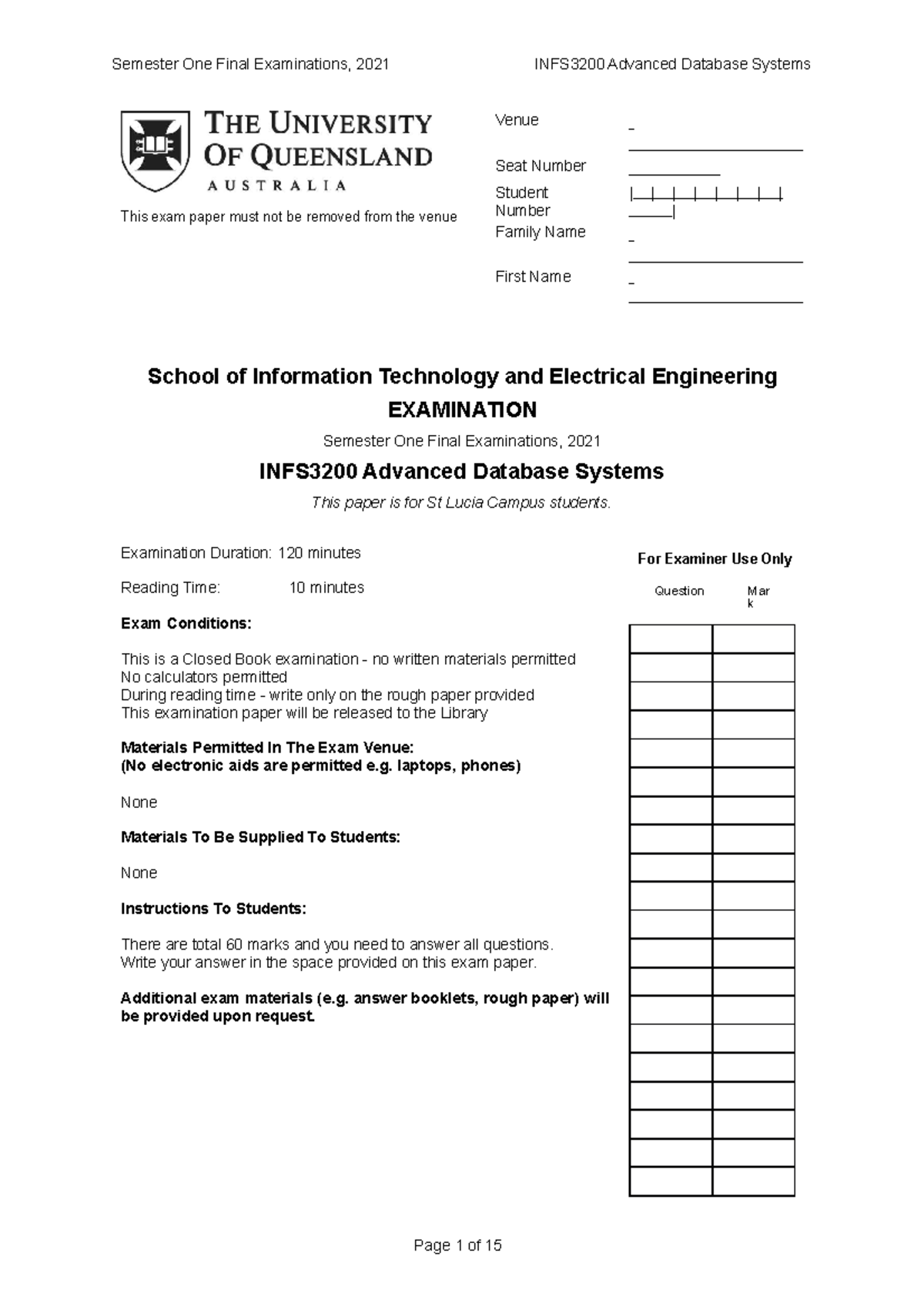 Semester One Final Examinations 2021 INFS3200 - Semester One Final ...