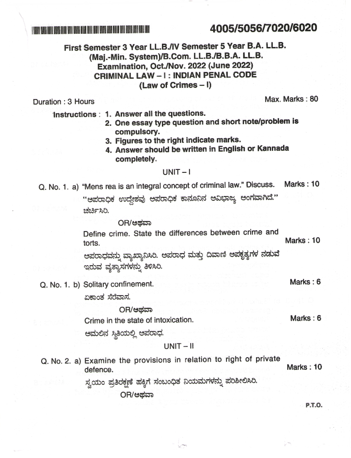 IPC Oct 2022 80marks - examination paper - Criminal Law - I - Studocu