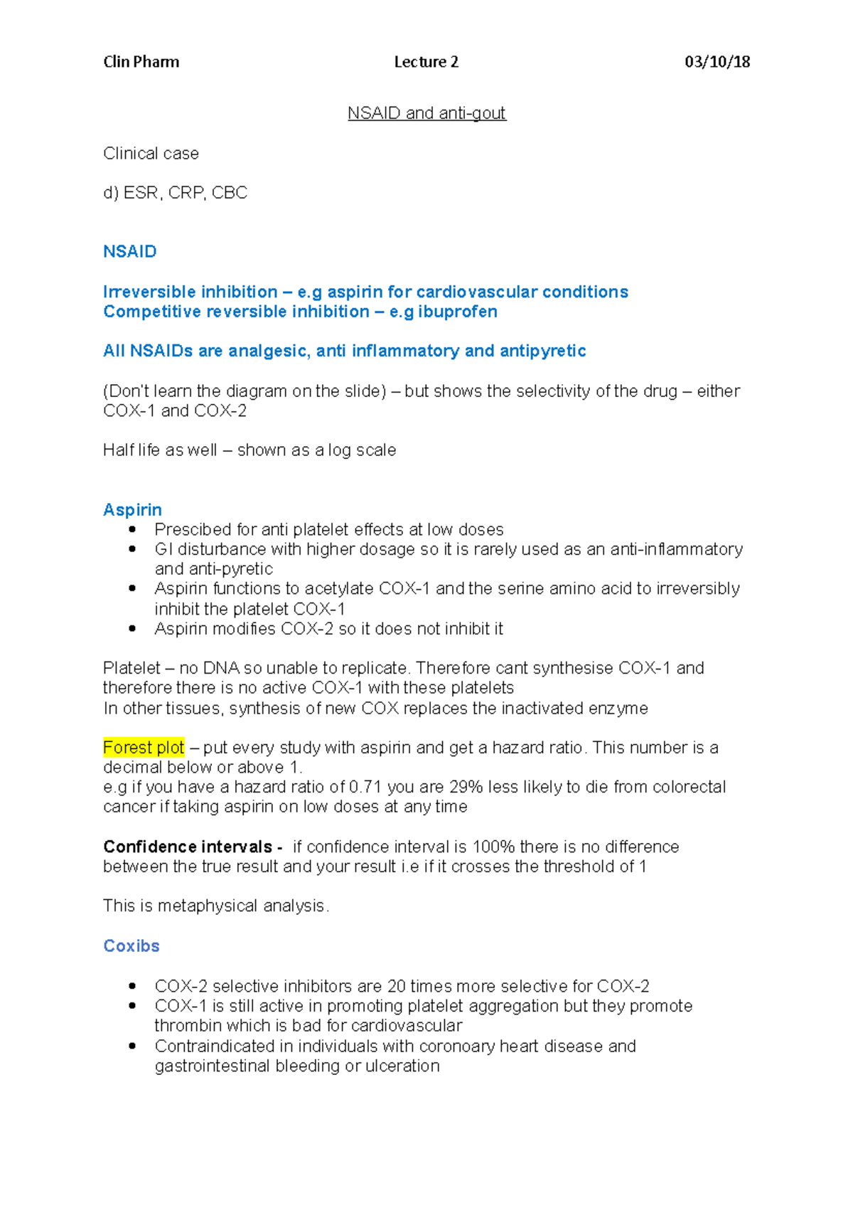 L2 Nsaid and antigout Clin Pharm Lecture 2 03/10/18 NSAID and anti