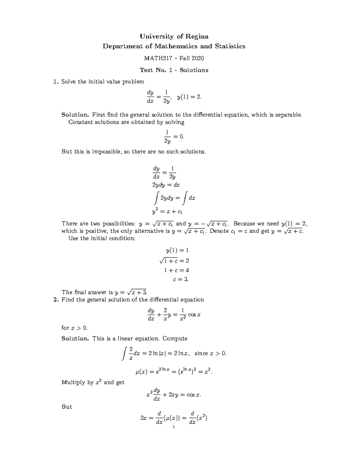 MAT217-2020-test1sol - University Of Regina Department Of Mathematics ...