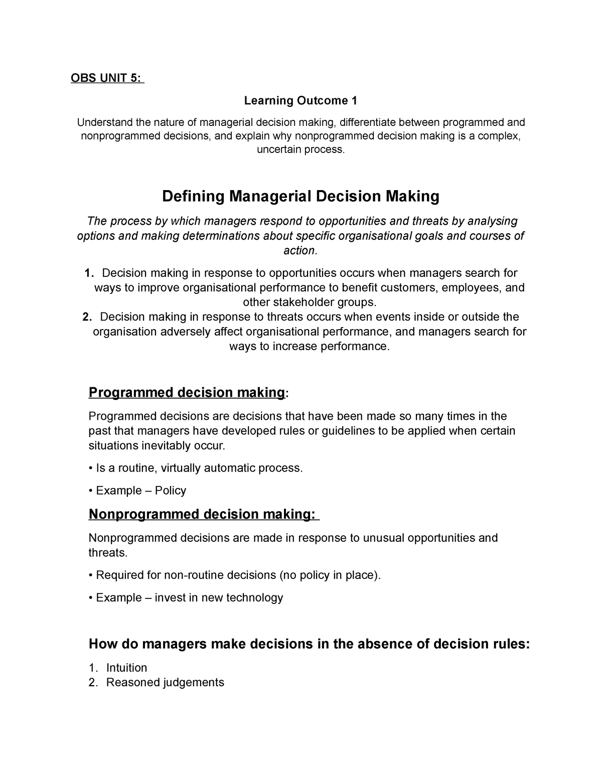 OBS UNIT 5 - Summary notes of unit 5 for OBS 114 - OBS 114 - UP - Studocu