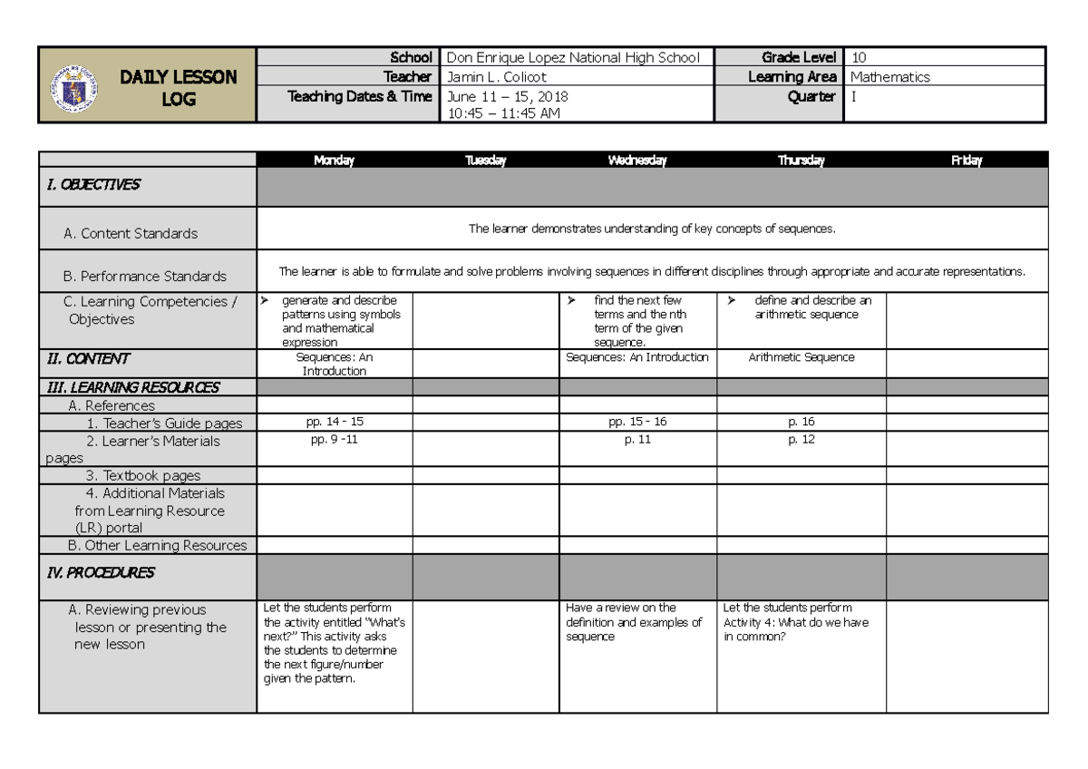 Sample Grade 10 DLL Q1W1 - DAILY LESSON LOG School Don Enrique Lopez ...