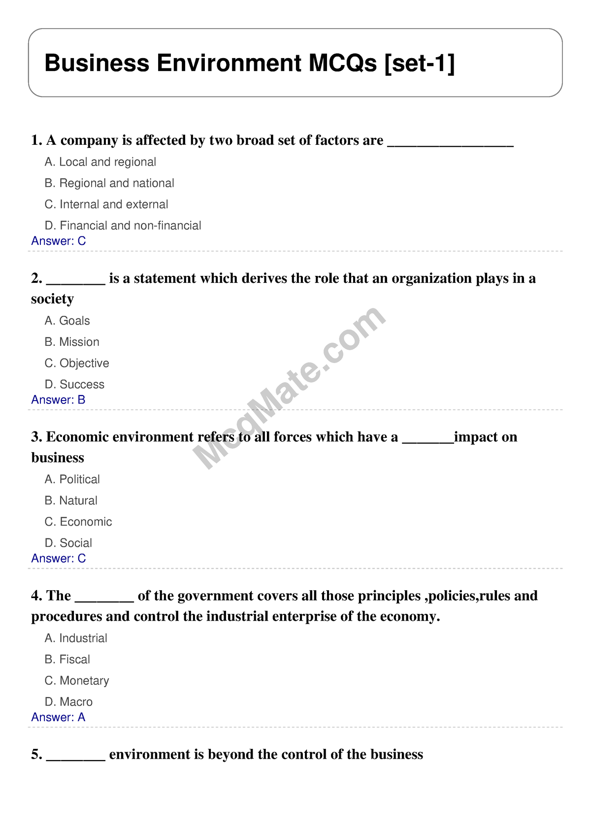 Business-environment-set-1 Mcqmate - McqMate Business Environment MCQs ...