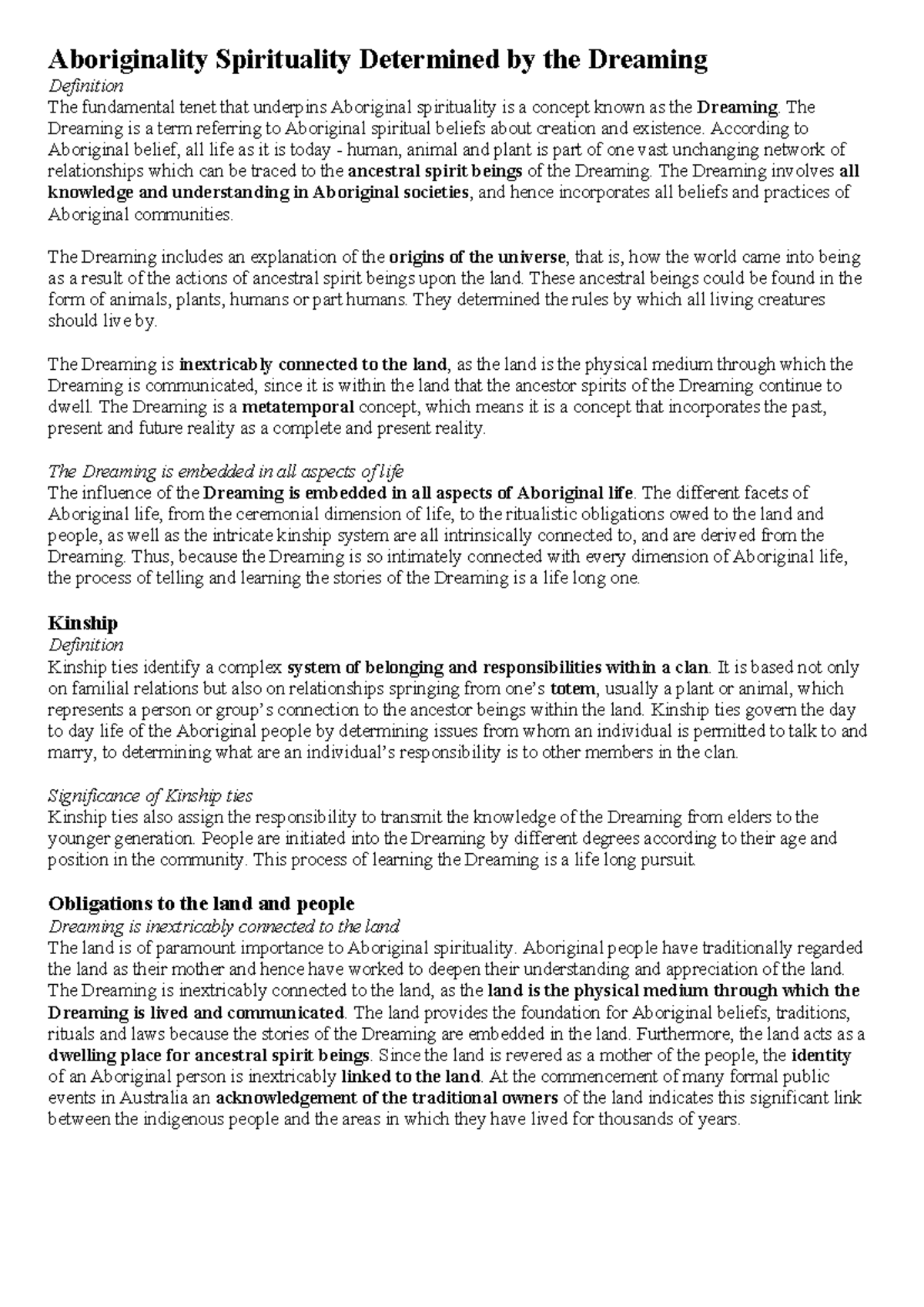 Aboriginal spirituality notes - The Dreaming is a term referring to ...