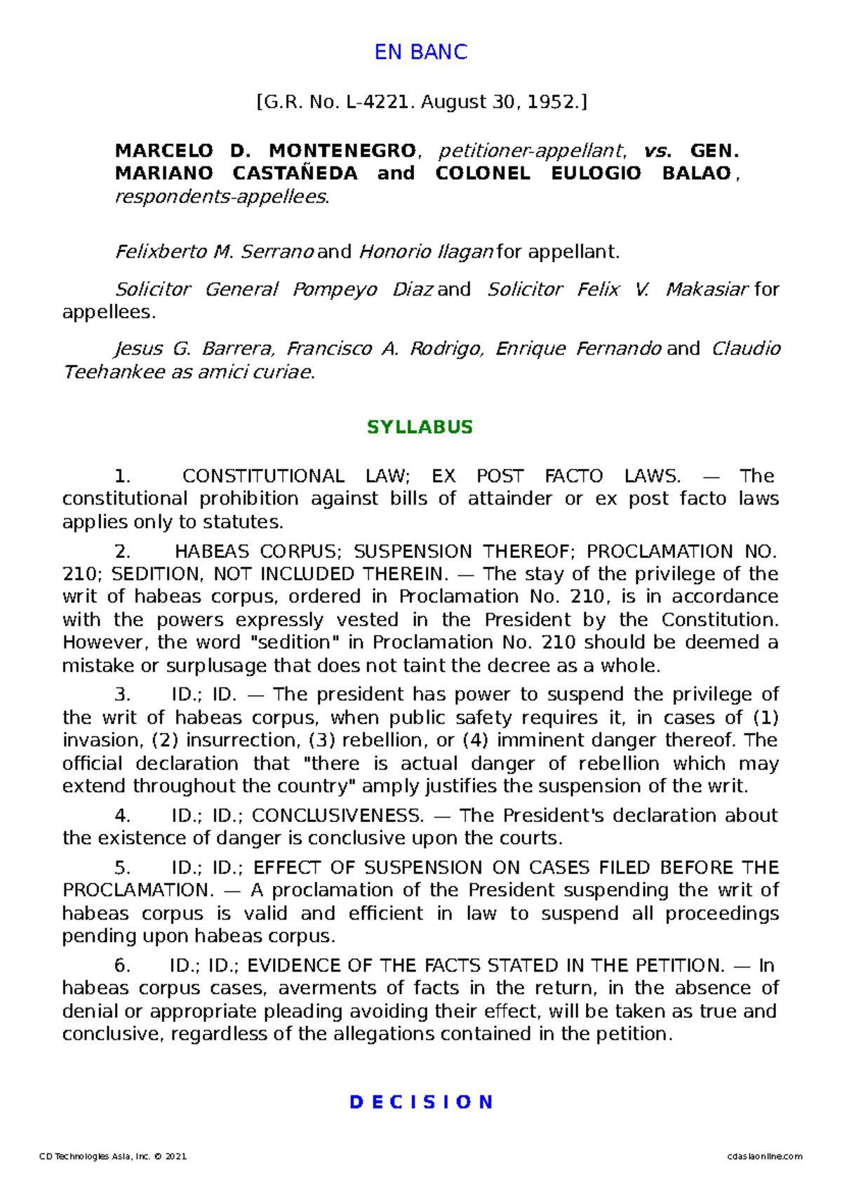 012 - EN BANC [G. No. L-4221. August 30, 1952.] MARCELO D. MONTENEGRO ...