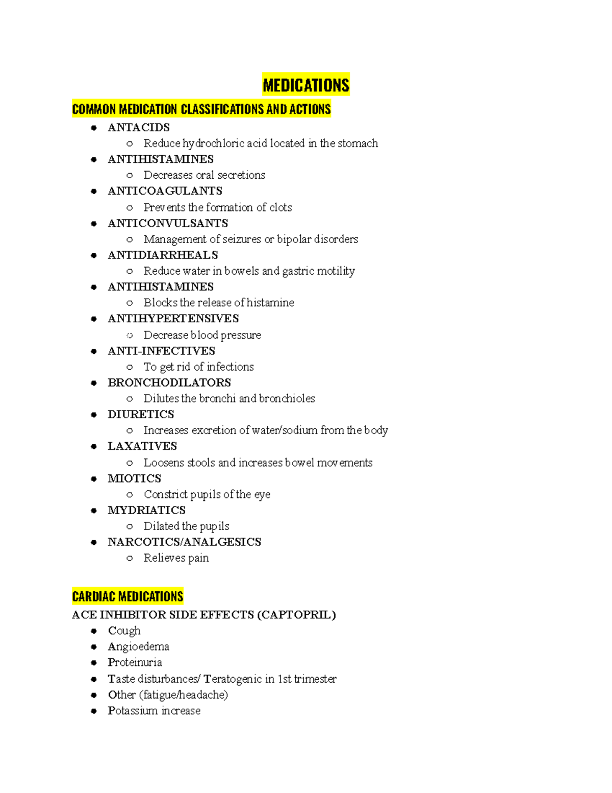 Nclex Review Guide MEDICATIONS COMMON MEDICATION CLASSIFICATIONS AND