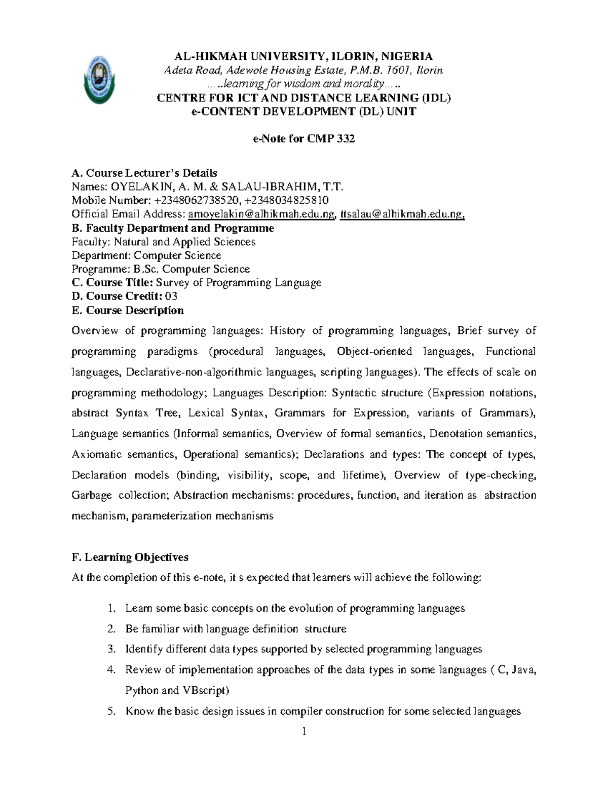 Survey of Programming Language - AL-HIKMAH UNIVERSITY, ILORIN, NIGERIA ...