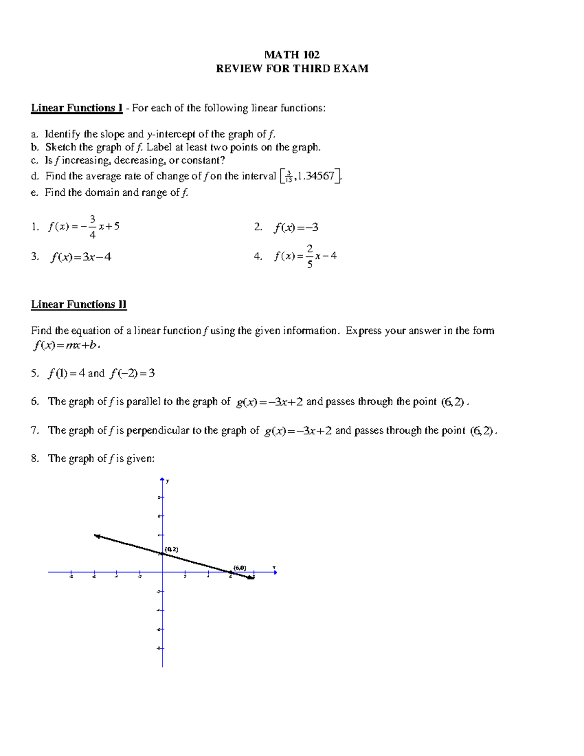 Chapter 3Review - Study Guide for Exam 3 Prof Nusierat - MATH 102 ...