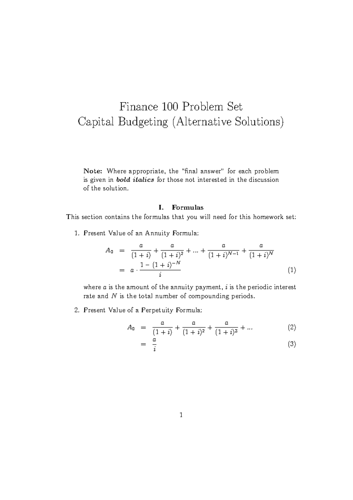 Ps Capital Budgeting Solutions - Finance 100 Problem Set Capital ...