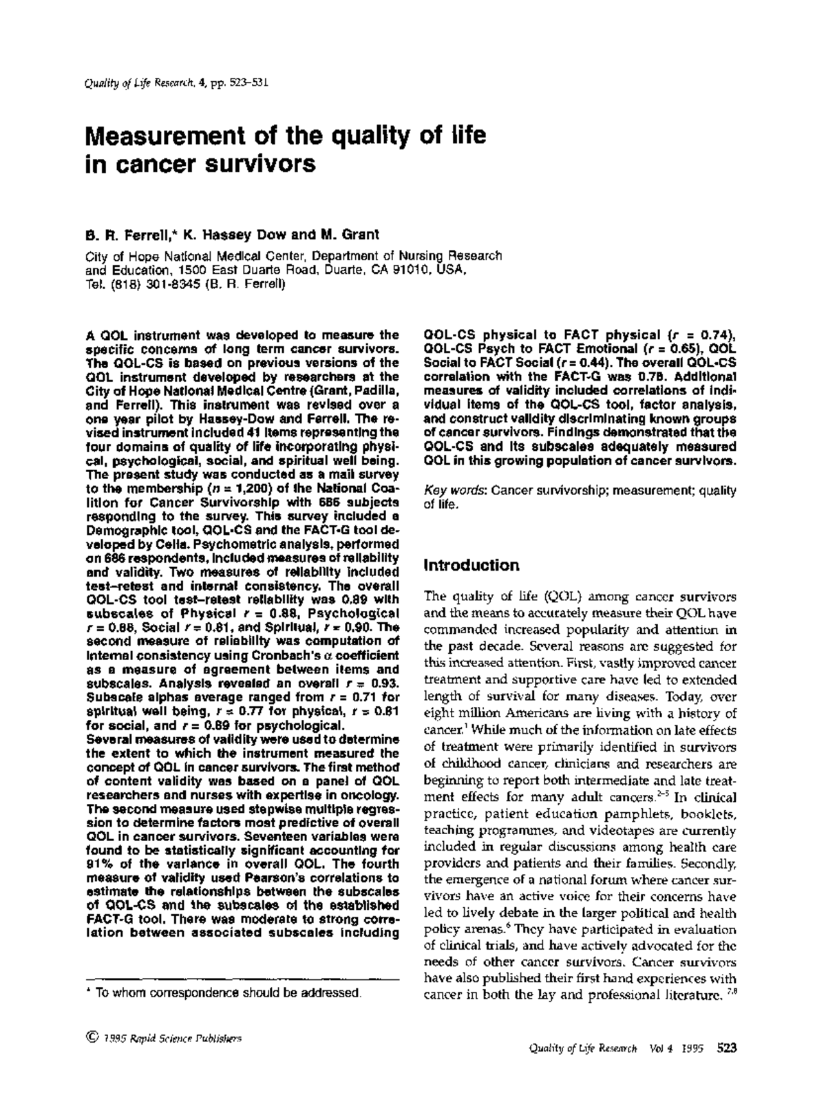 Measurement of the quality of life in ca Quality of Life Resemch, 4