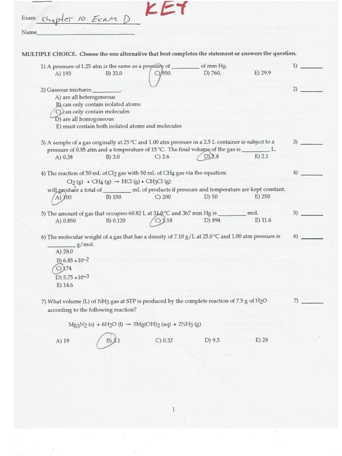 Exam I Questions for General Chemistry with Answers, CHEM 121, Exams  Chemistry