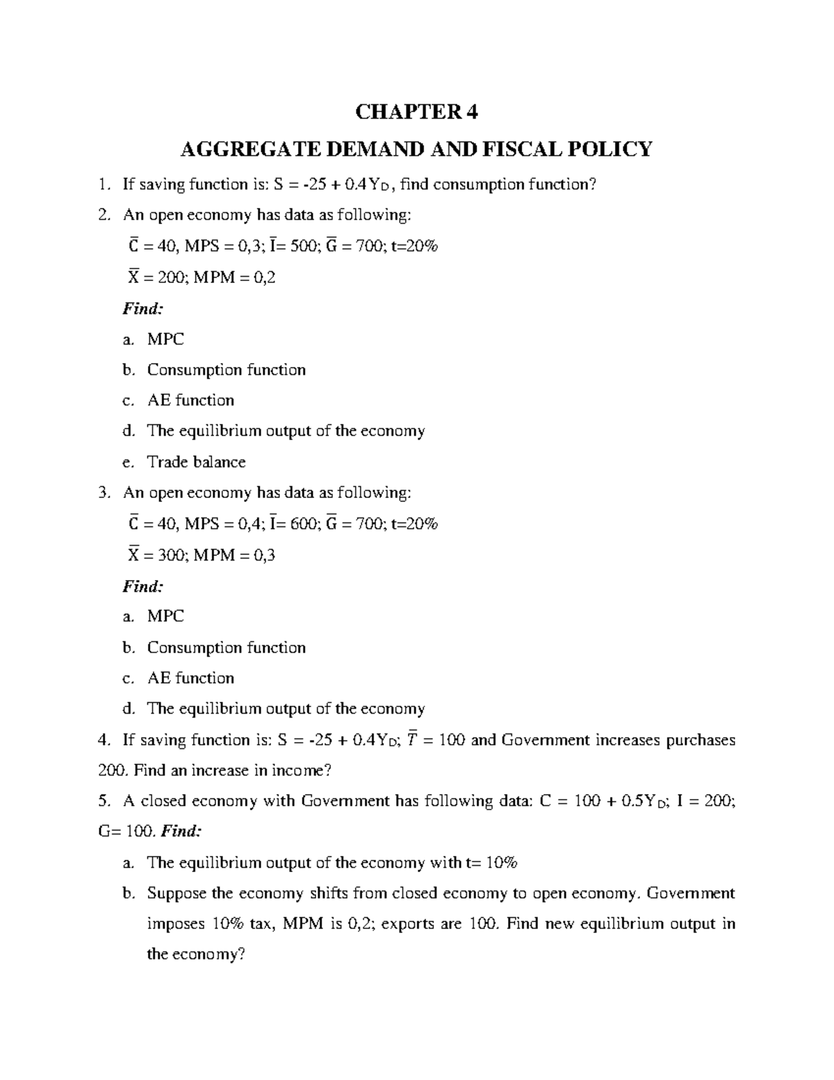 Exercise - C4 - abc - CHAPTER 4 AGGREGATE DEMAND AND FISCAL POLICY If ...