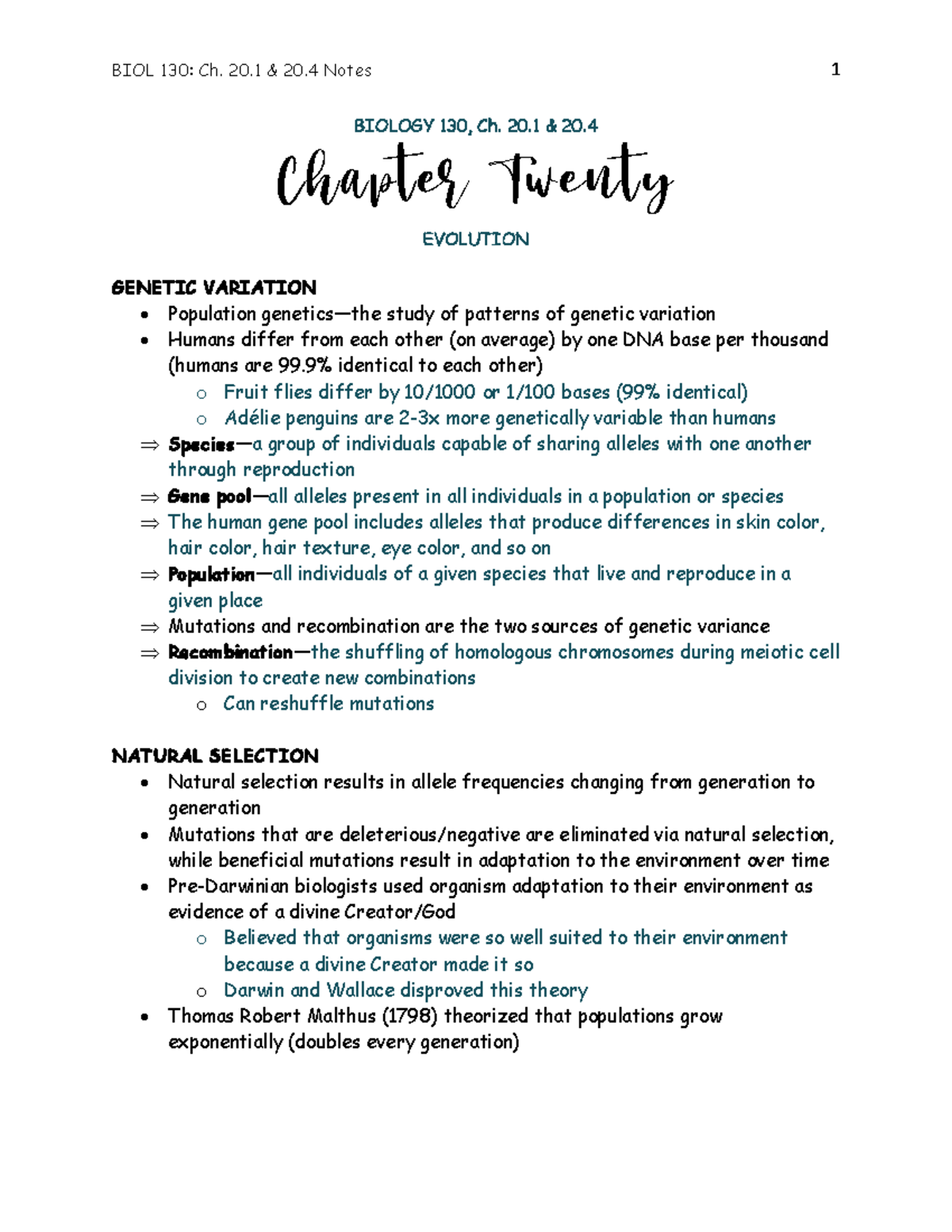 BIOL 130 Ch. 20.1 & 20.4 Notes - BIOL 130: Ch. 20 & 2 0 Notes 1 BIOLOGY ...