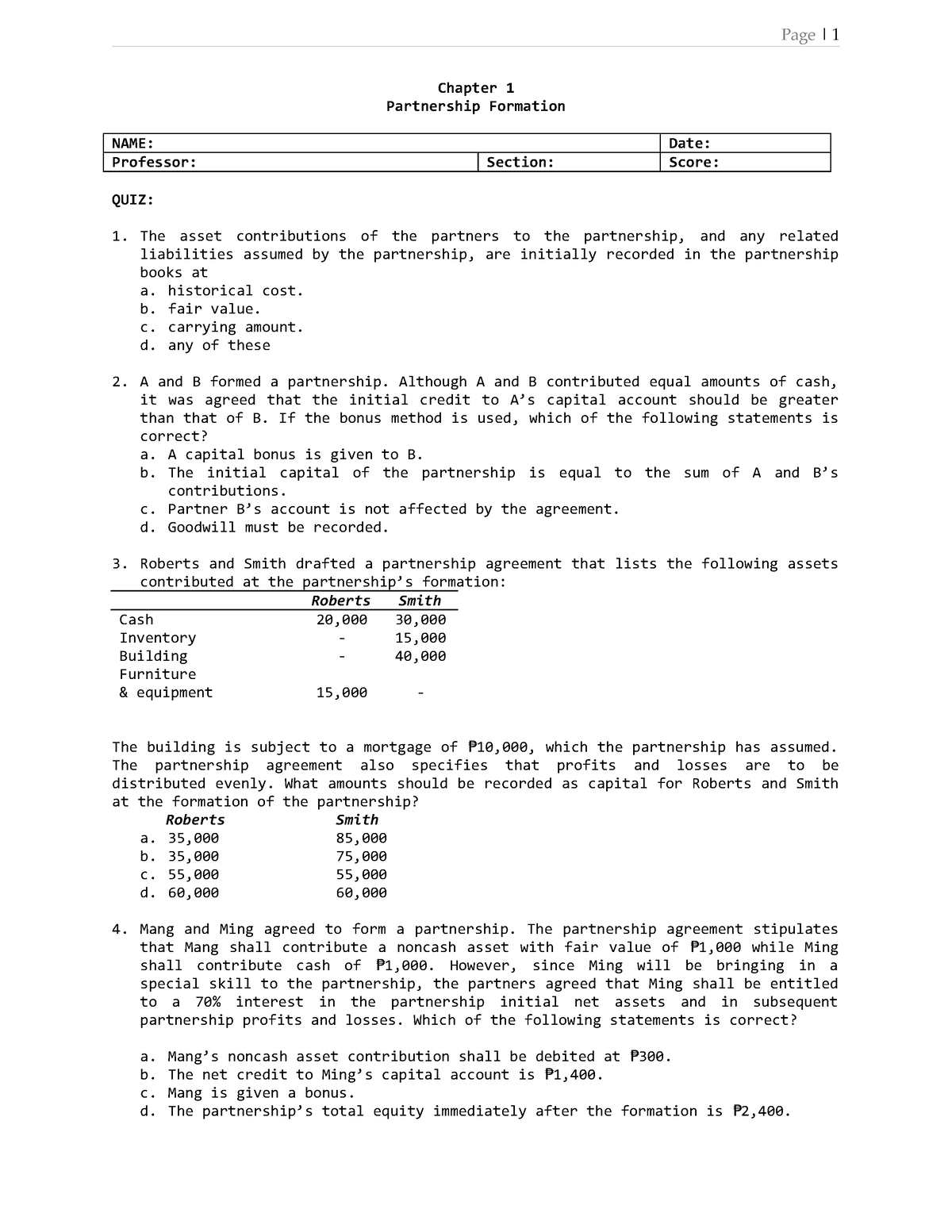 1 QUIZ 1 P A Rtnership Form A Tion Chapter 1 Partnership 