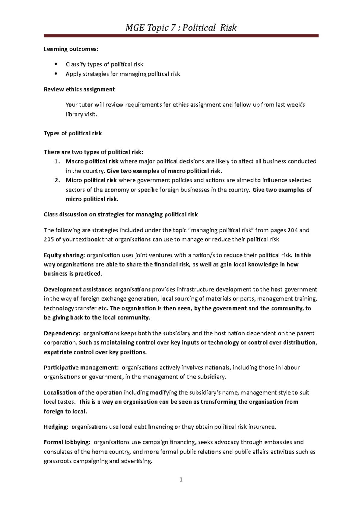 Module 7 - Political Risk tutorial worksheet - 200864 - UWS - Studocu
