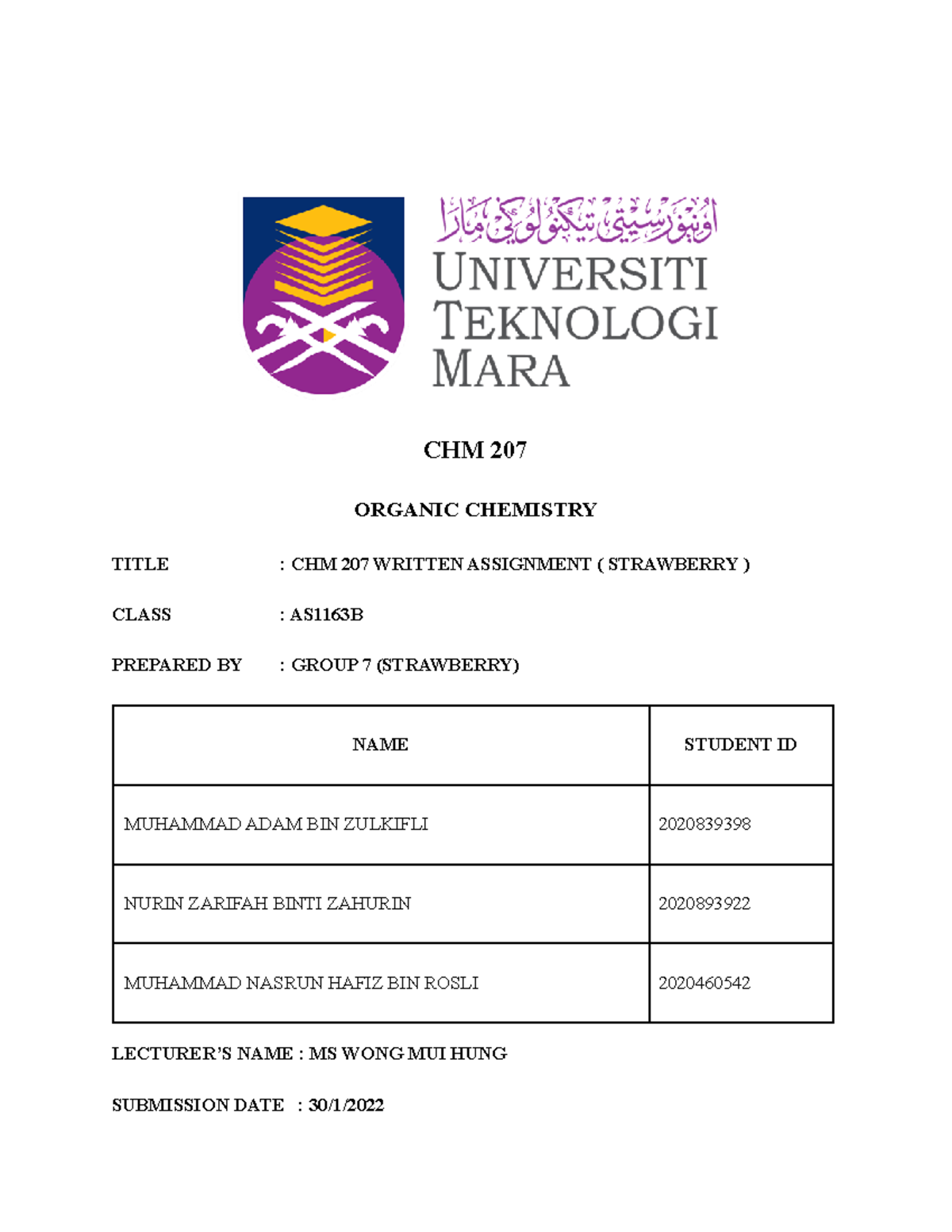 This is a CHM207 Assignment about organic chemistry - CHM 207 ORGANIC ...