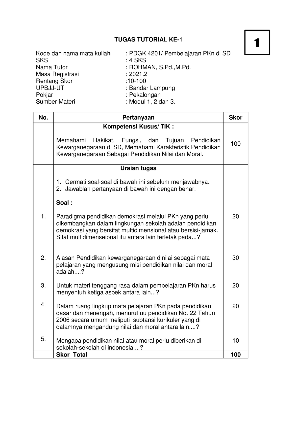Tugas Tutorial KE 1 PDGK 4201 PKN DI SD - TUGAS TUTORIAL KE- Kode Dan ...