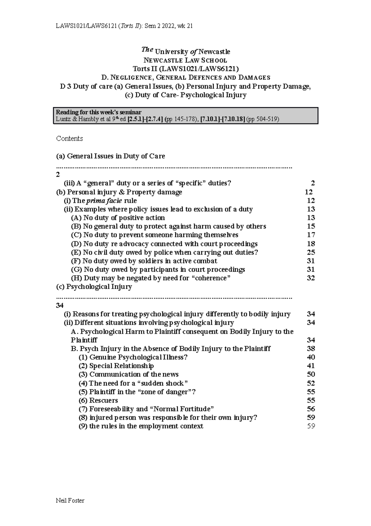 Torts II Seminar 2 (week 2) Neils Notes - The University Of Newcastle ...