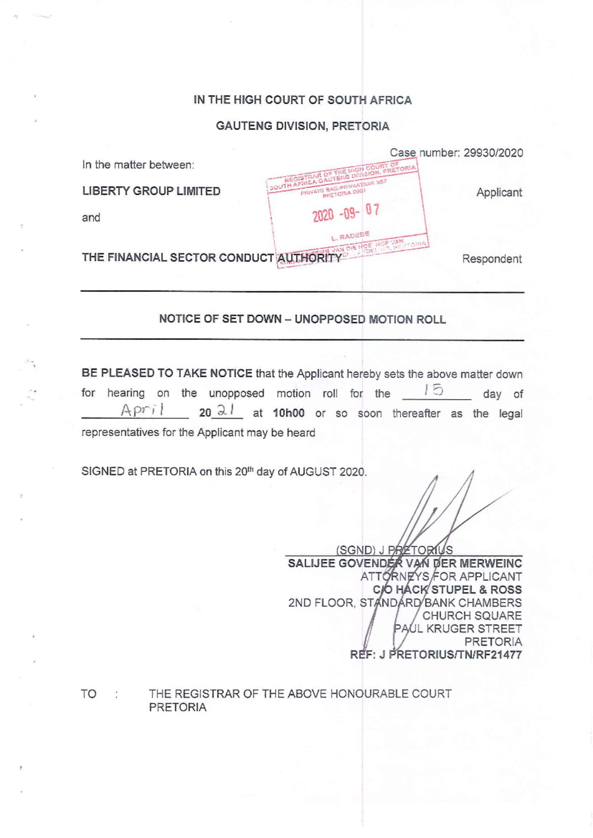 Notice OF SET DOWN - Unopposed Motion ROLL - PVL1501 - Studocu