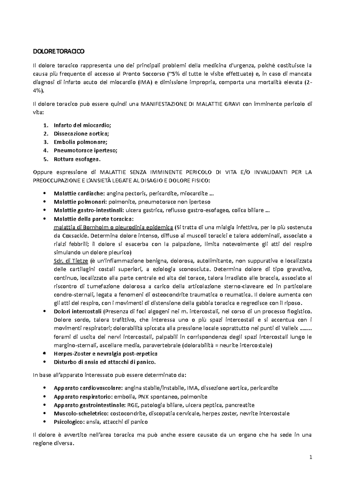 Dolore Toracico DOLORE TORACICO Il dolore toracico rappresenta uno