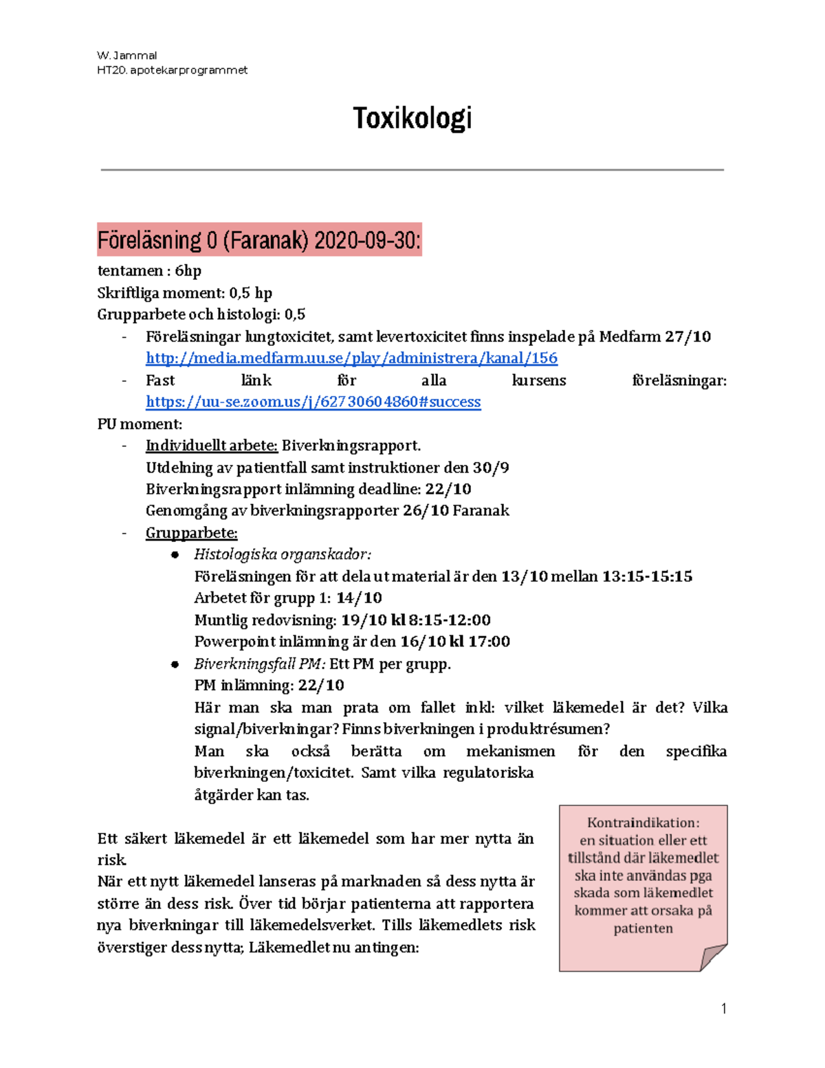 Toxikologi Föreläsningsanteckningar Alla Ht20 Apotekarprogrammet Toxikologi Föreläsning Ǎ