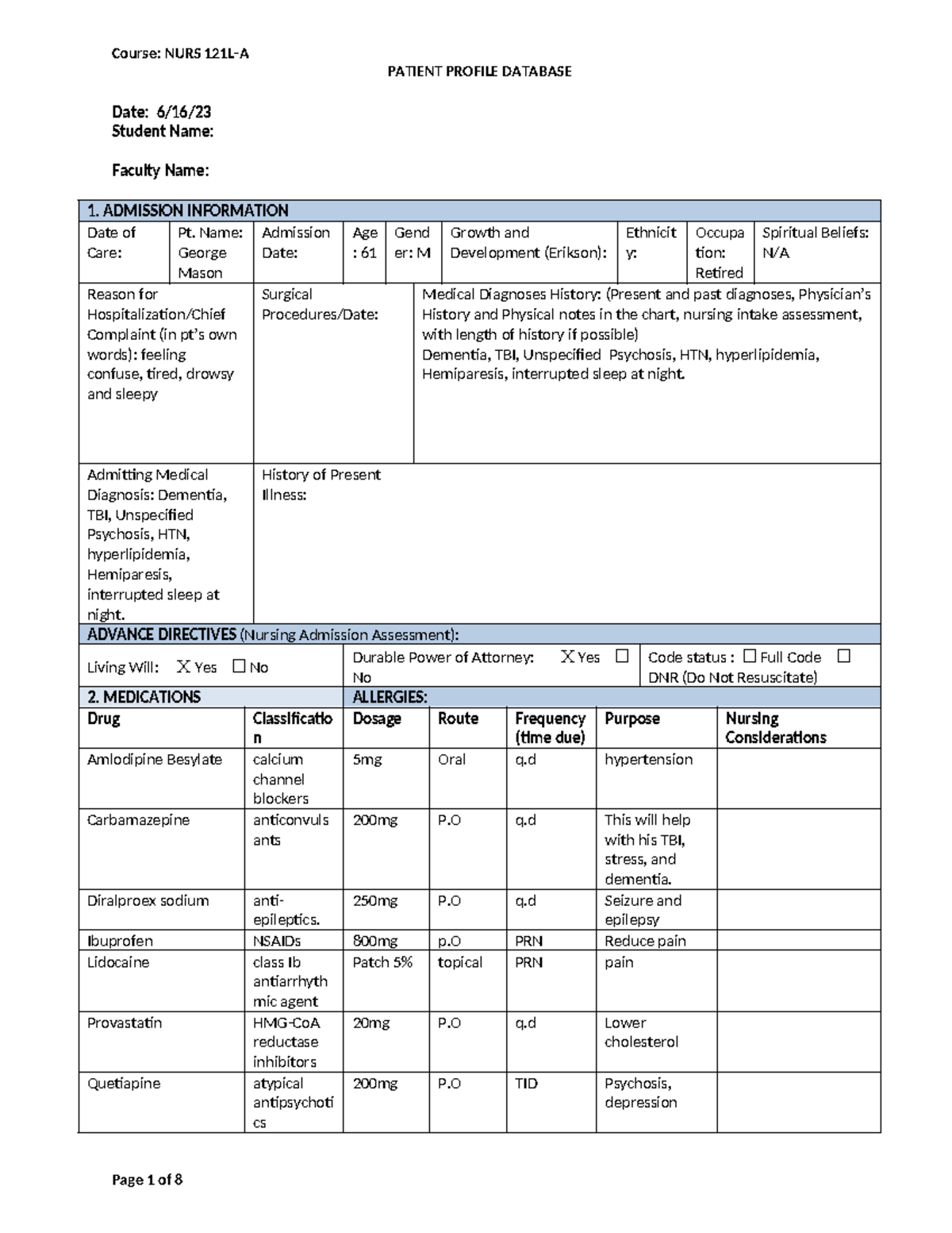 NURS 121L-A - Patient Profile Database George Mason - PATIENT PROFILE ...