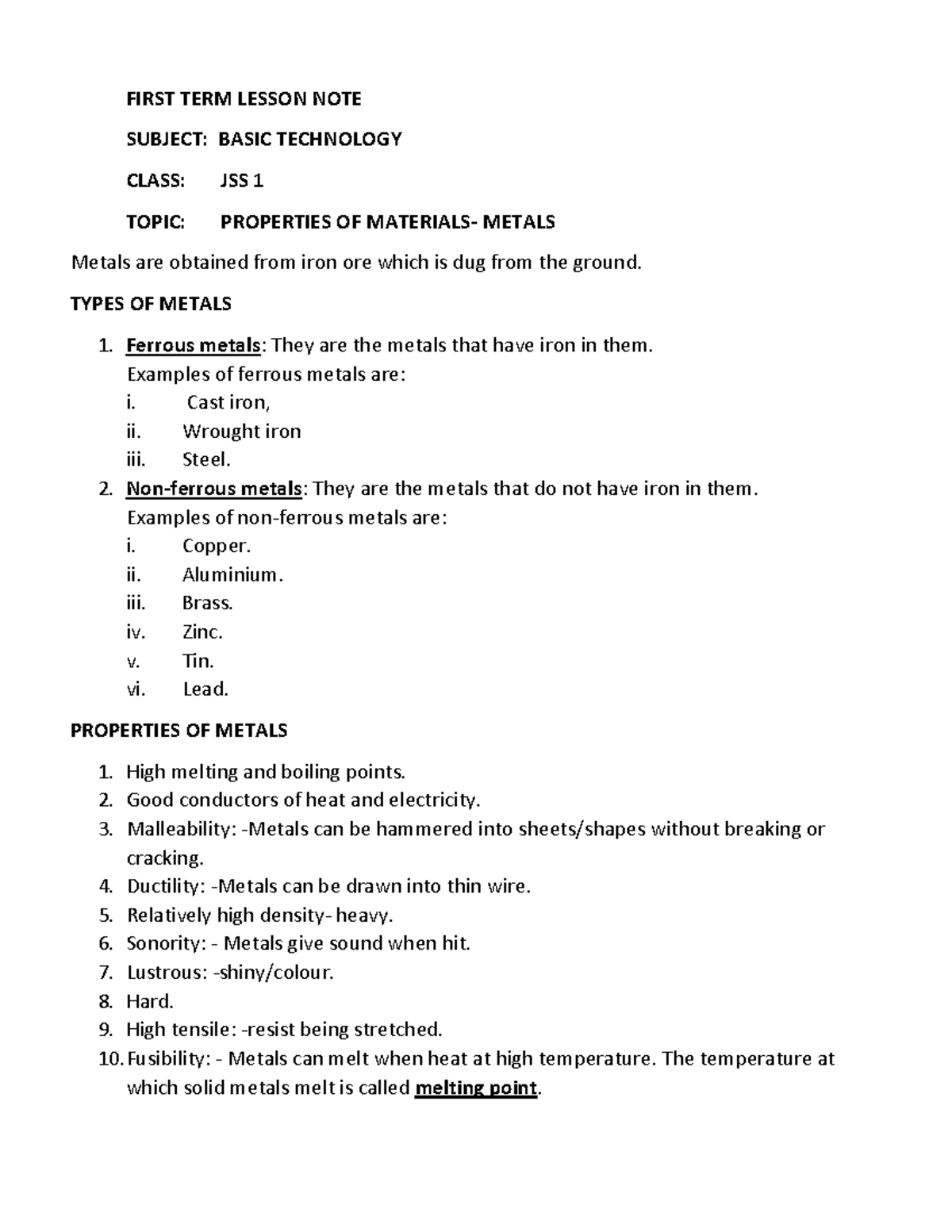Metals Basic TECH JS 1 Notes - FIRST TERM LESSON NOTE SUBJECT: BASIC ...